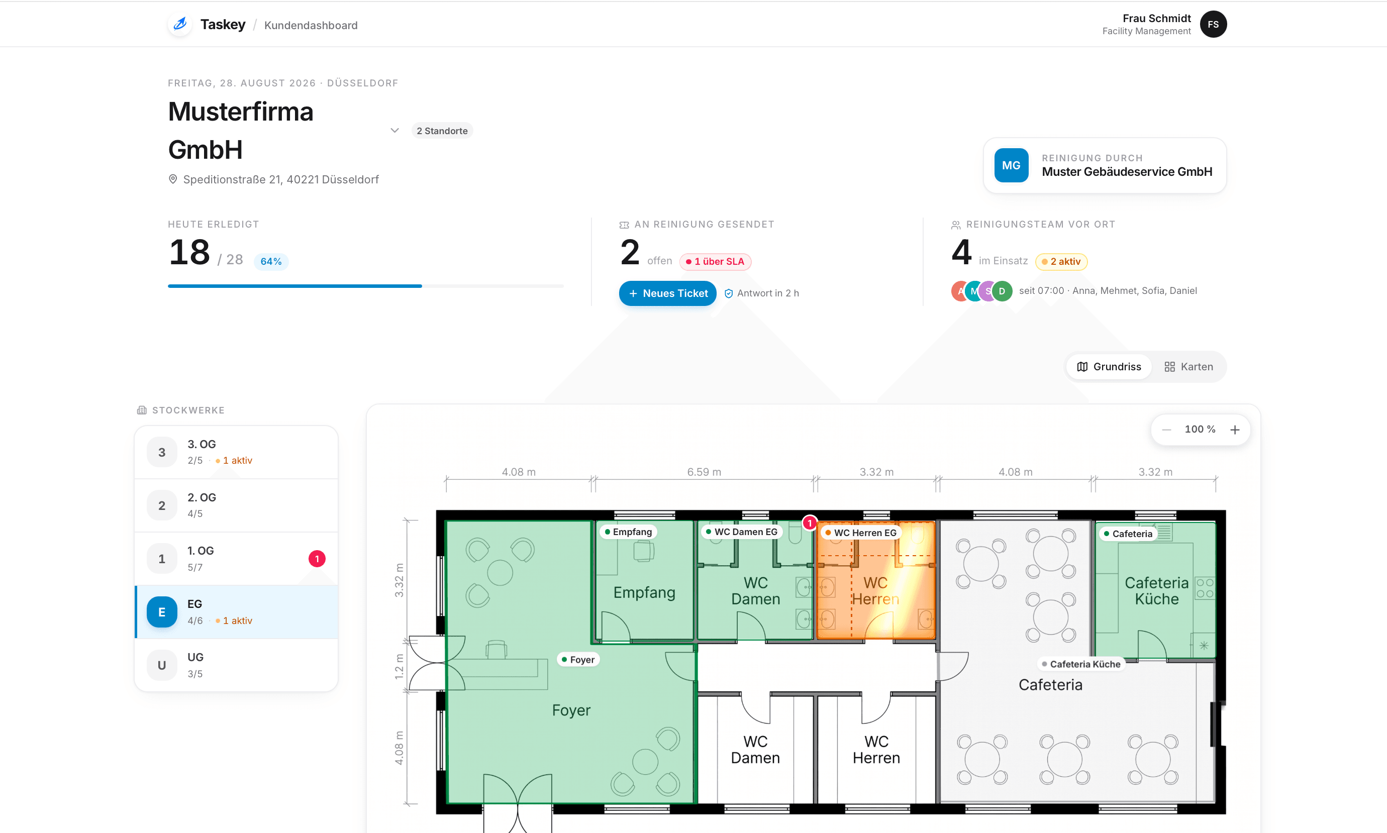 Taskey Share Kundendashboard mit Musterfirma Düsseldorf, Live-Status, offenen Tickets, Reinigungsteam vor Ort und Grundriss des Erdgeschosses